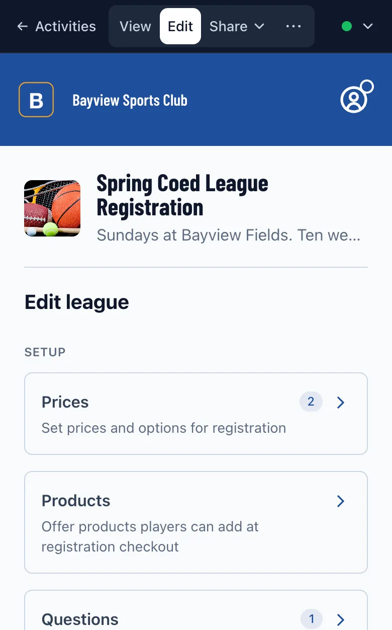 A registration activity's Edit page, with Prices, Products, Questions, and Waivers under Setup