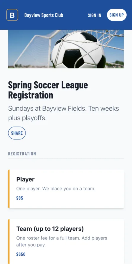 League registration page showing player and team prices