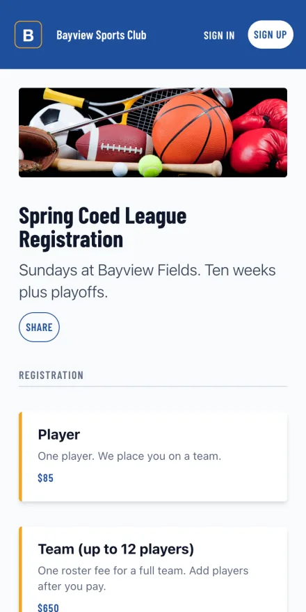 League registration page showing player and team prices on a phone