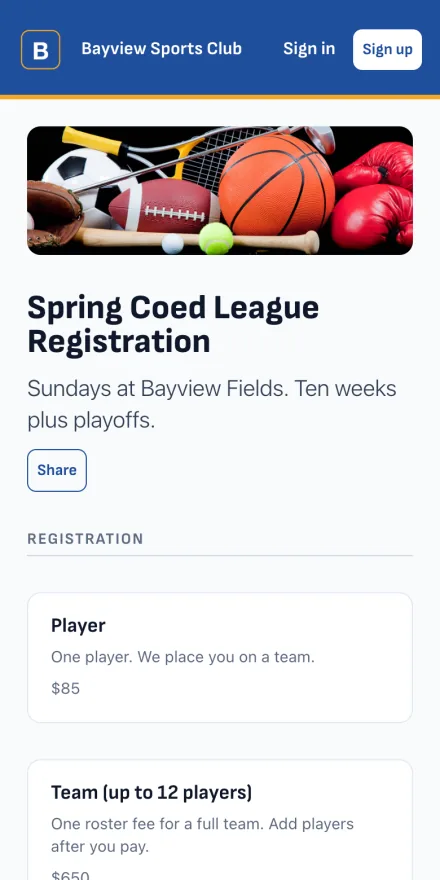 League registration page showing player and team prices on a phone