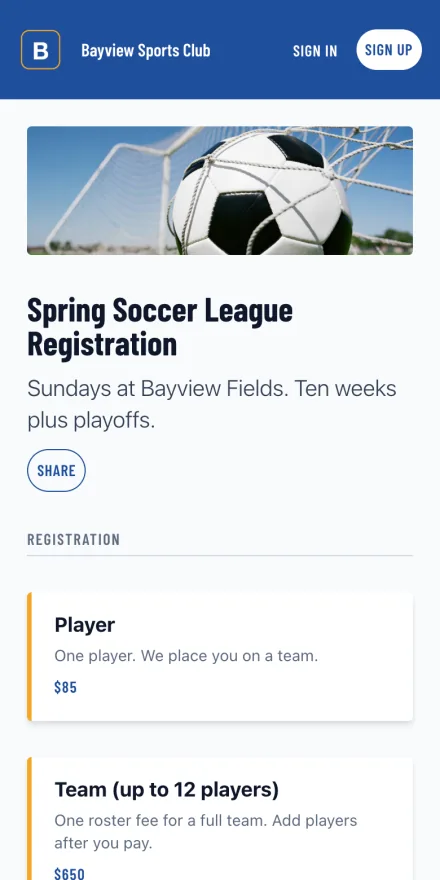 League registration page showing player and team prices