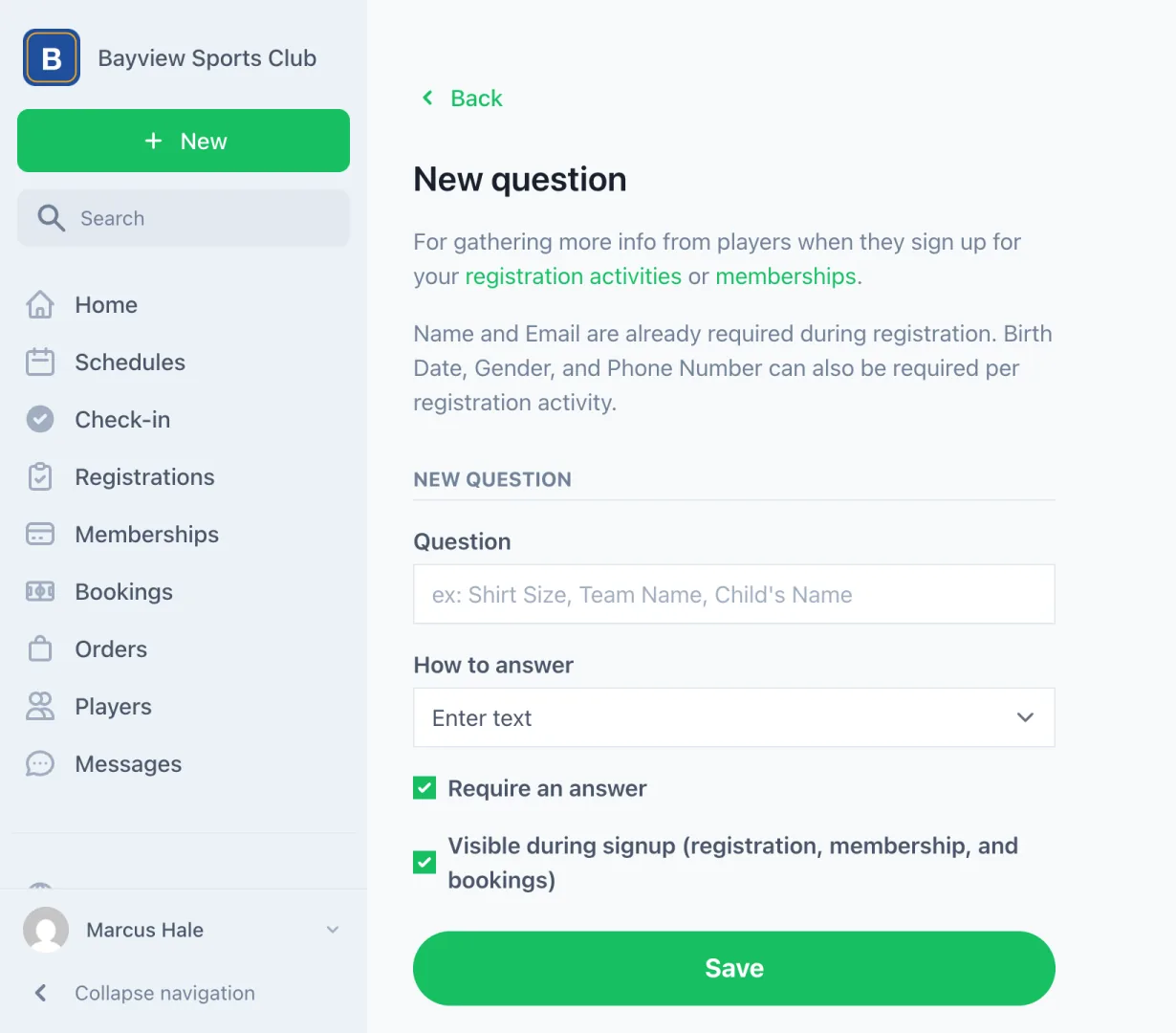 The New question form: the question, how to answer it, and whether an answer is required