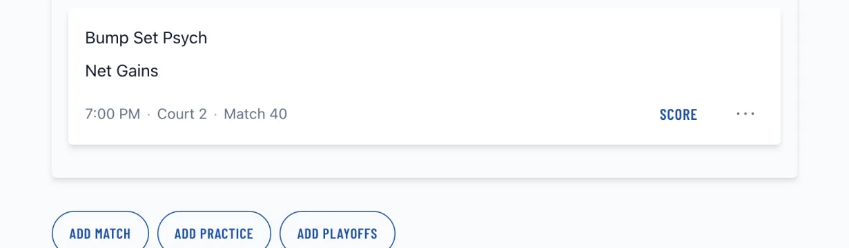 The Add match, Add practice, and Add playoffs buttons below the last week of the schedule