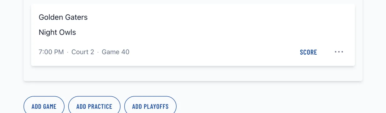The Add match, Add practice, and Add playoffs buttons below the last week of the schedule
