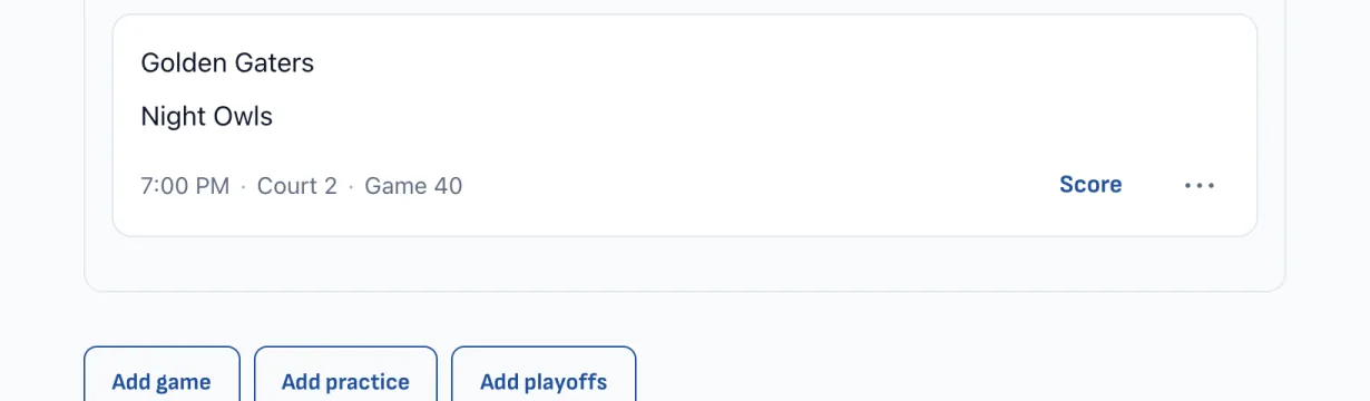 The Add match, Add practice, and Add playoffs buttons below the last week of the schedule