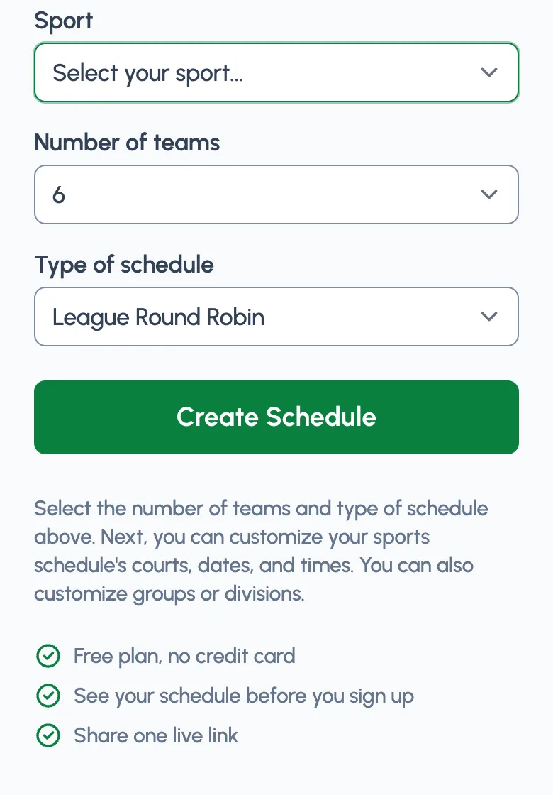 The schedule maker form: sport, number of teams, and type of schedule