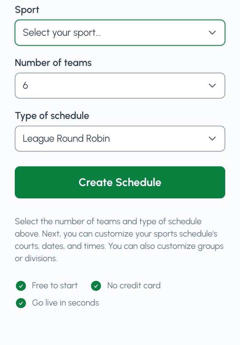 The schedule maker form: sport, number of teams, and type of schedule