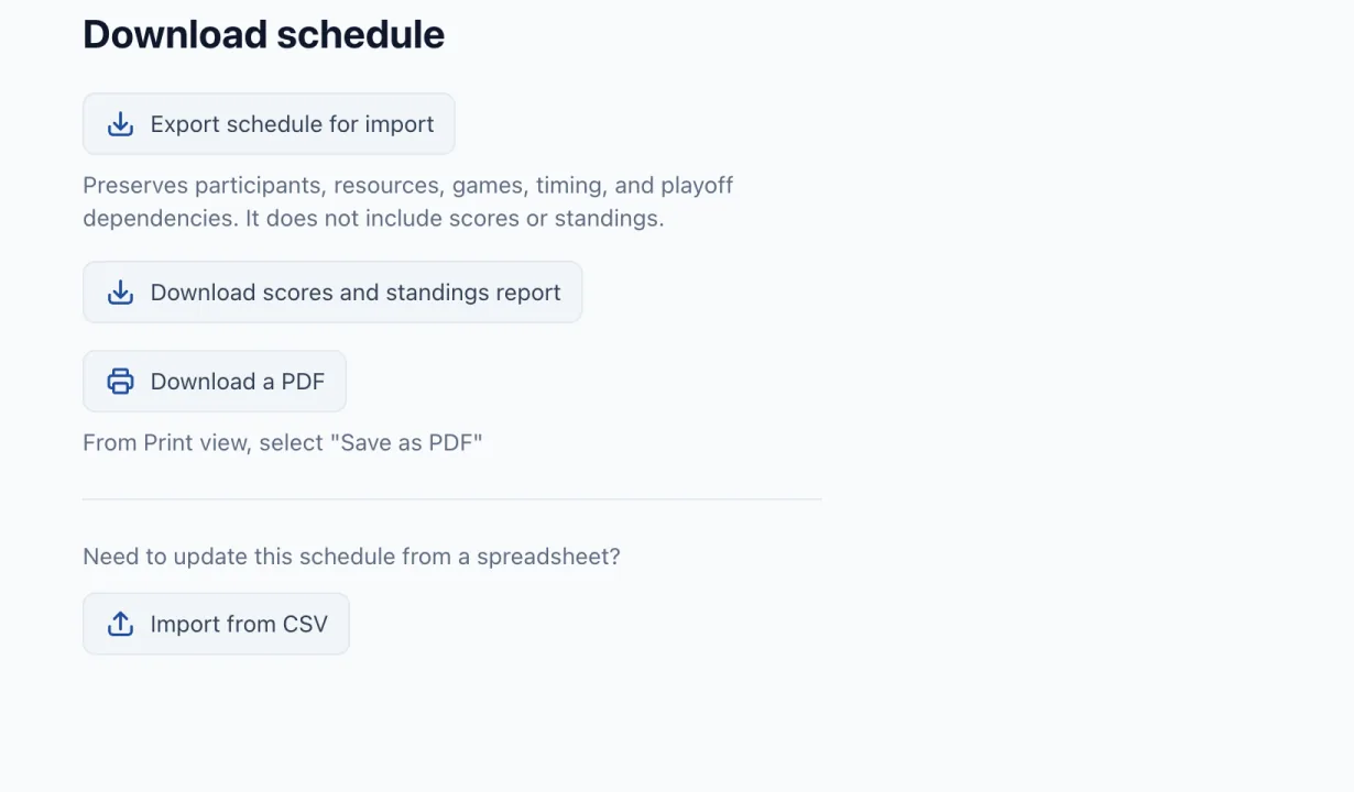 The Download page: export for import, scores and standings report, PDF, and import from CSV