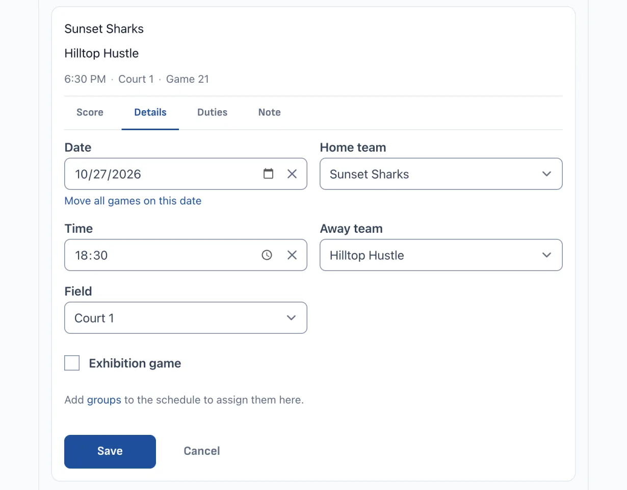 Editing one game's date, time, teams, and court on the schedule