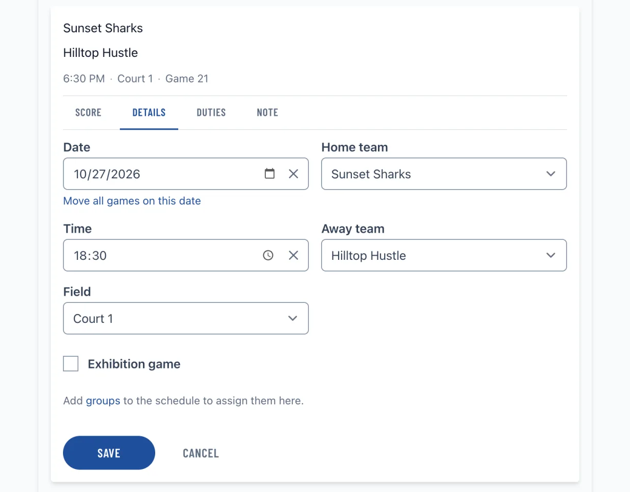 Editing one game's date, time, teams, and court on the schedule