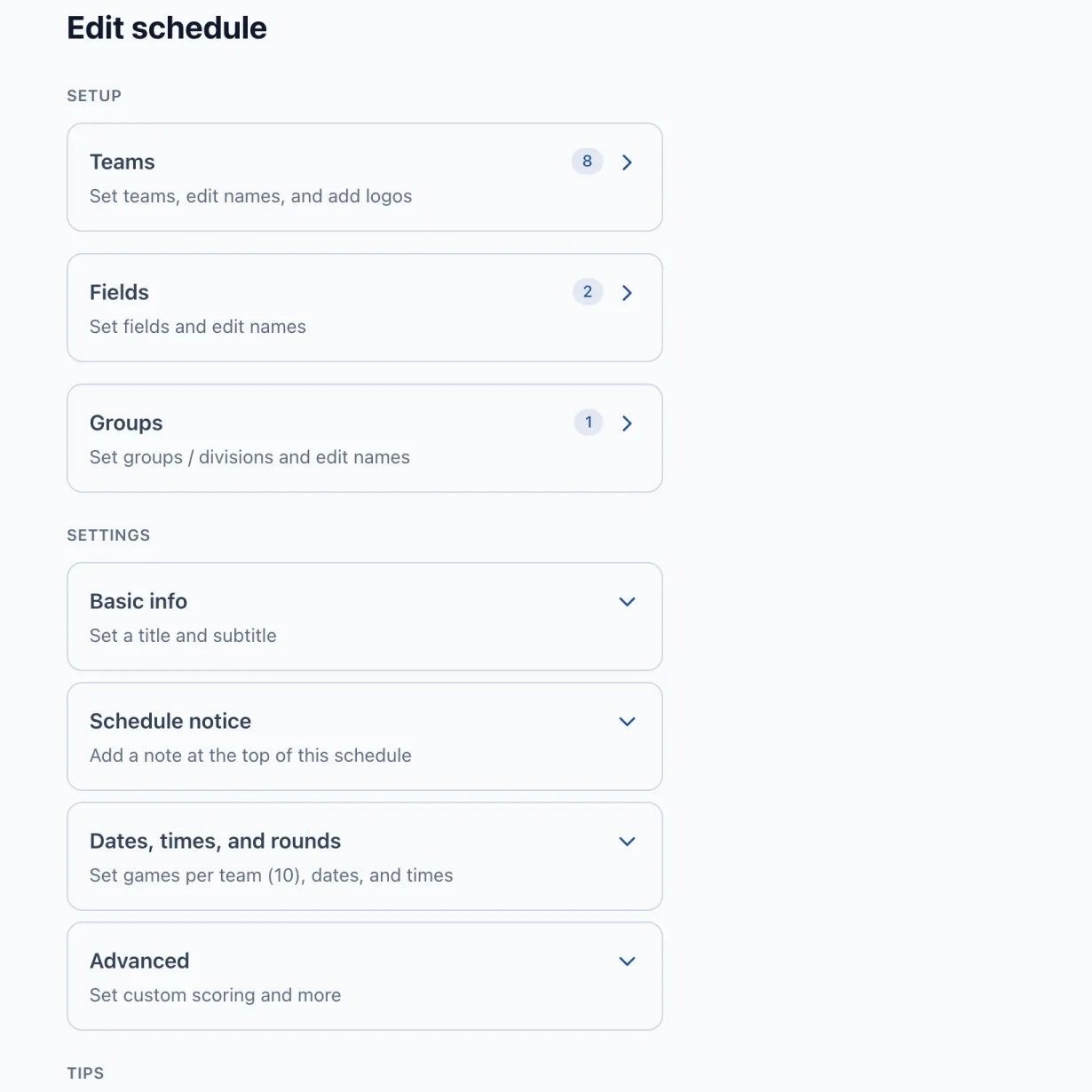 A league's Edit page, with its Setup and Settings sections