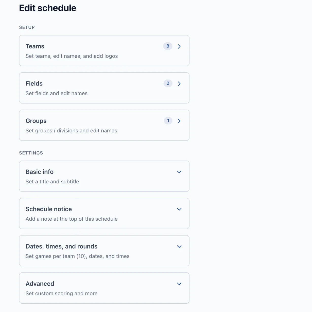 A league's Edit page, with its Setup and Settings sections