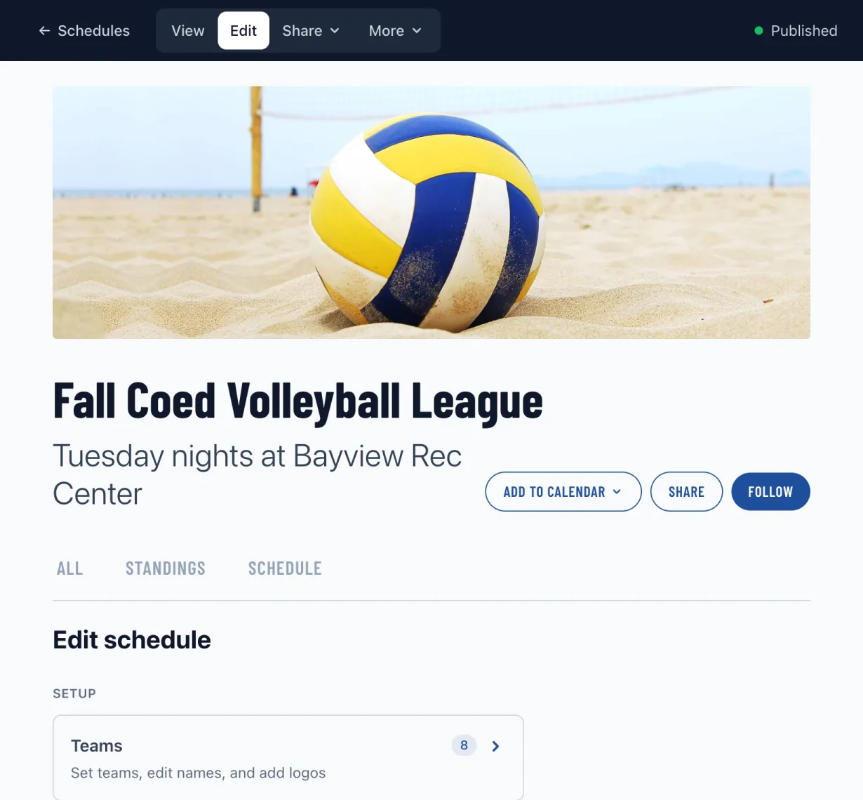A league's Edit page, with its Setup and Settings sections