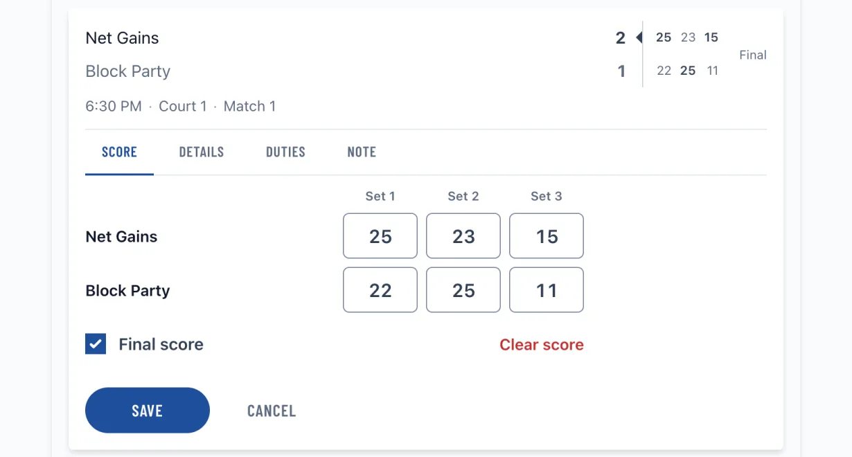Recording a set-by-set score on a league match