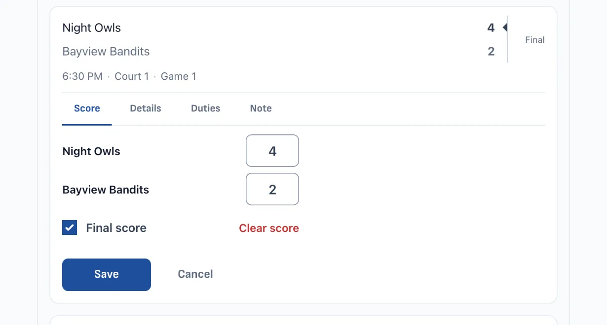 Recording a set-by-set score on a league match