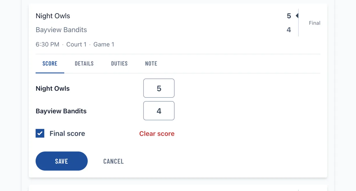 Recording a set-by-set score on a league match