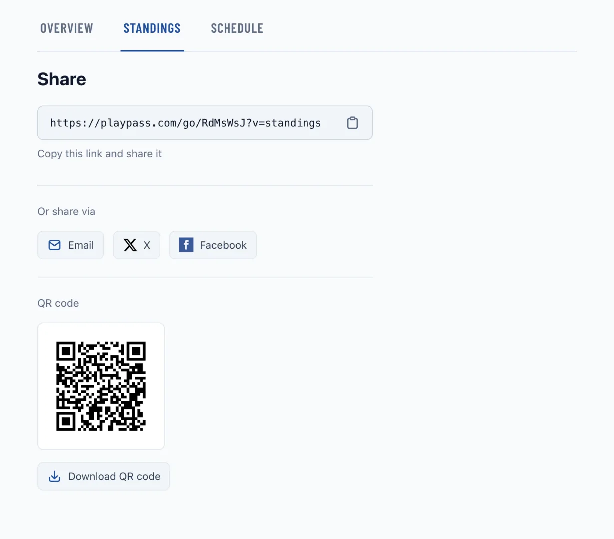 A published league's Share page with Standings selected and its matching public link and QR code