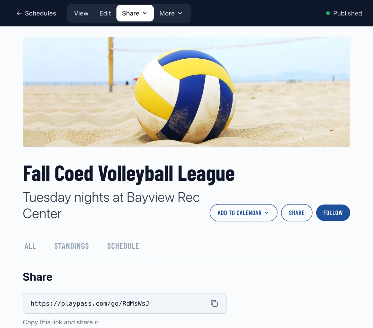 A published league's Share page with its public link