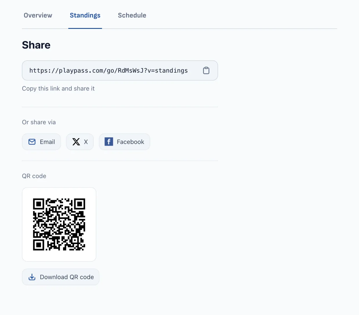 A published league's Share page with Standings selected and its matching public link and QR code