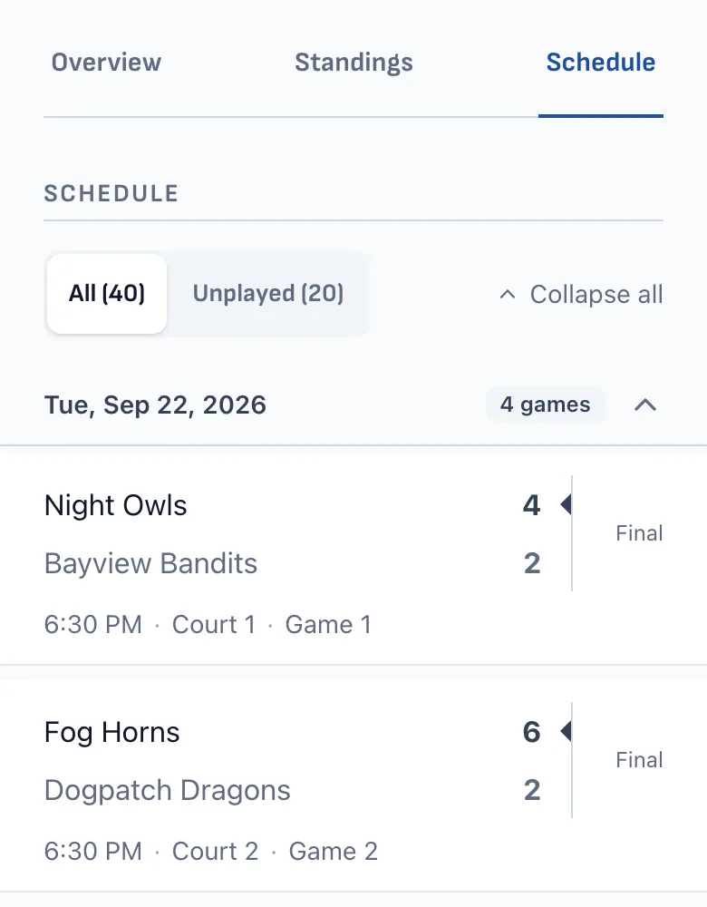 Overview, Standings, and Schedule tabs above the game filters and match list on a phone