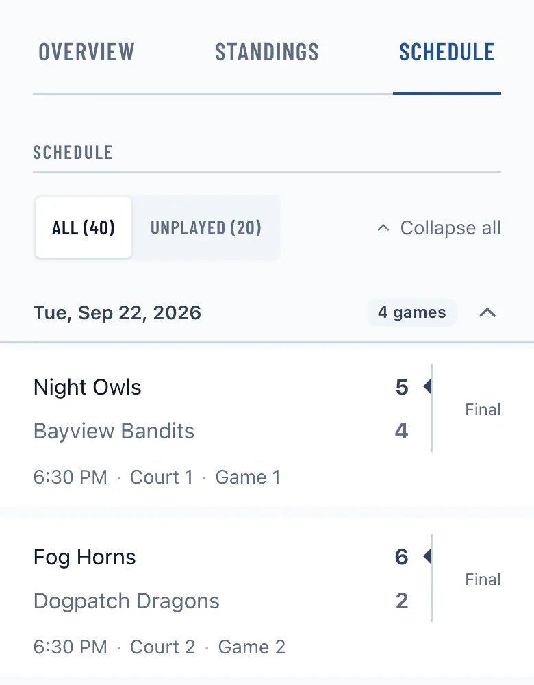 Overview, Standings, and Schedule tabs above the game filters and match list on a phone