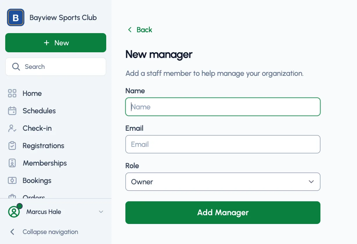 The New manager form: name, email, and role