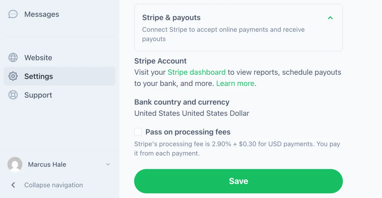 The Stripe & payouts section of Dashboard > Settings, with the Pass on processing fees checkbox