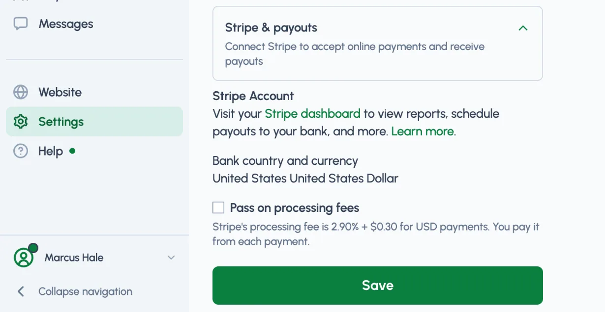 The Stripe & payouts section of Dashboard > Settings, with the Pass on processing fees checkbox