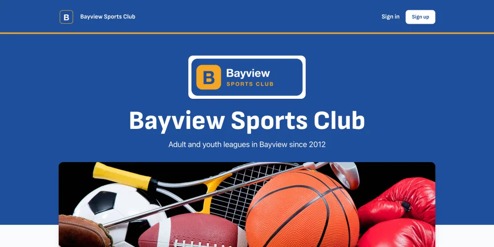 The club's homepage in the Jersey style, with its name on a band of the club's blue above its banner photo