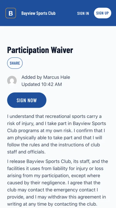 A participation waiver on a player's phone, with the agreement text and the box to sign it