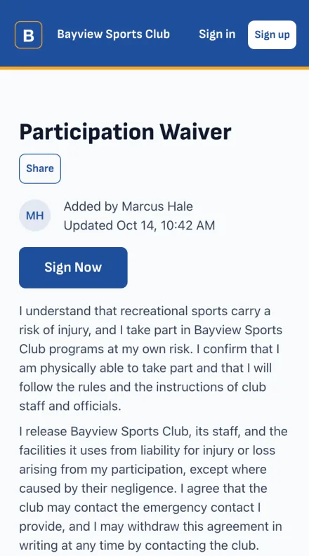 A participation waiver on a player's phone, with the agreement text and the box to sign it