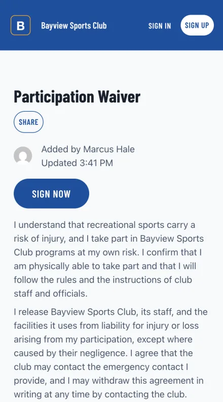 A participation waiver on a player's phone, with the agreement text and the box to sign it