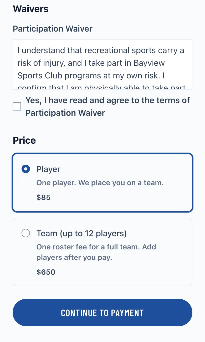 The Waivers section of a registration form, above the price options and Continue to payment