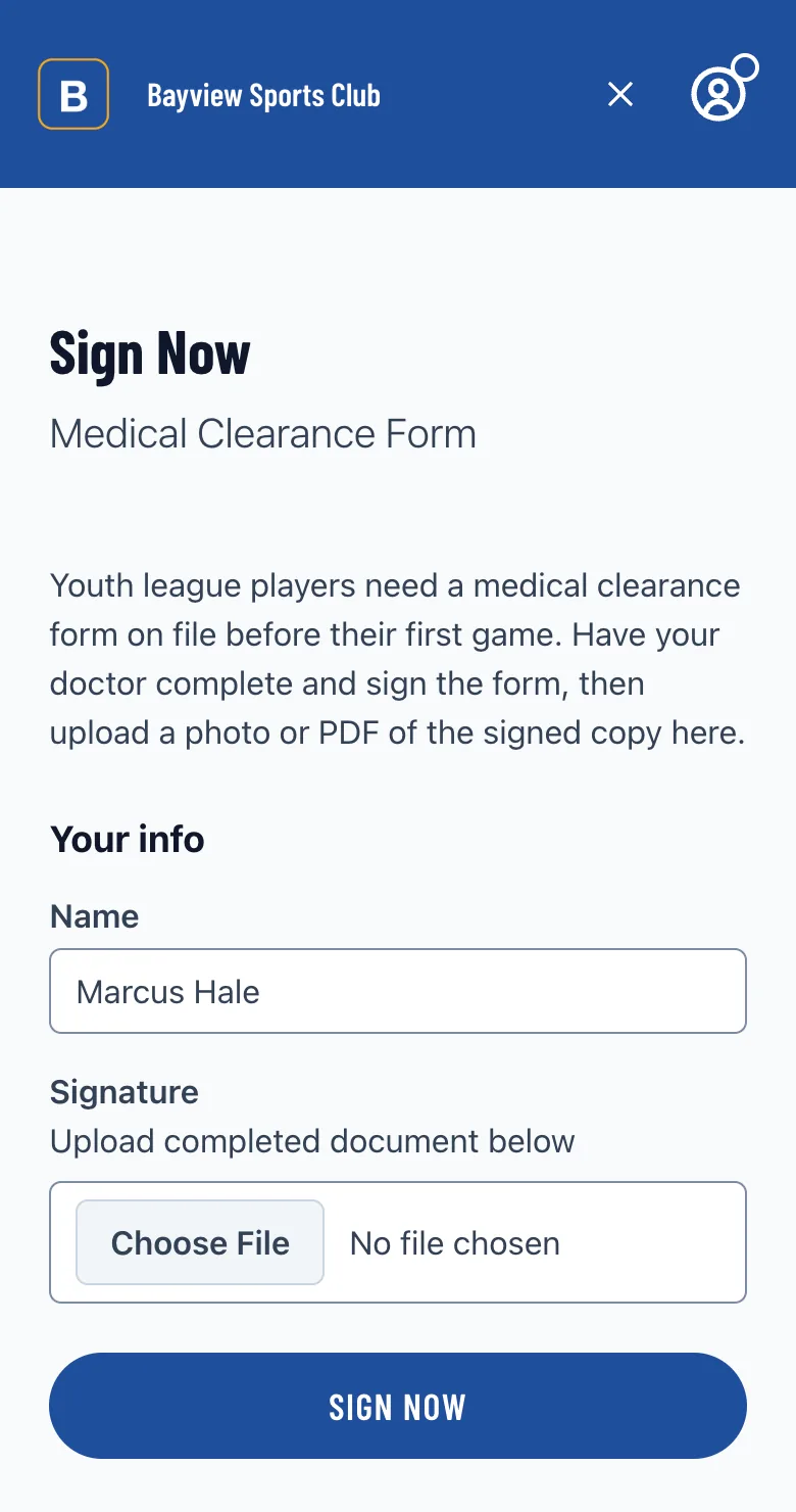 Signing a waiver by uploading the completed document, with the waiver's instructions and a file upload field