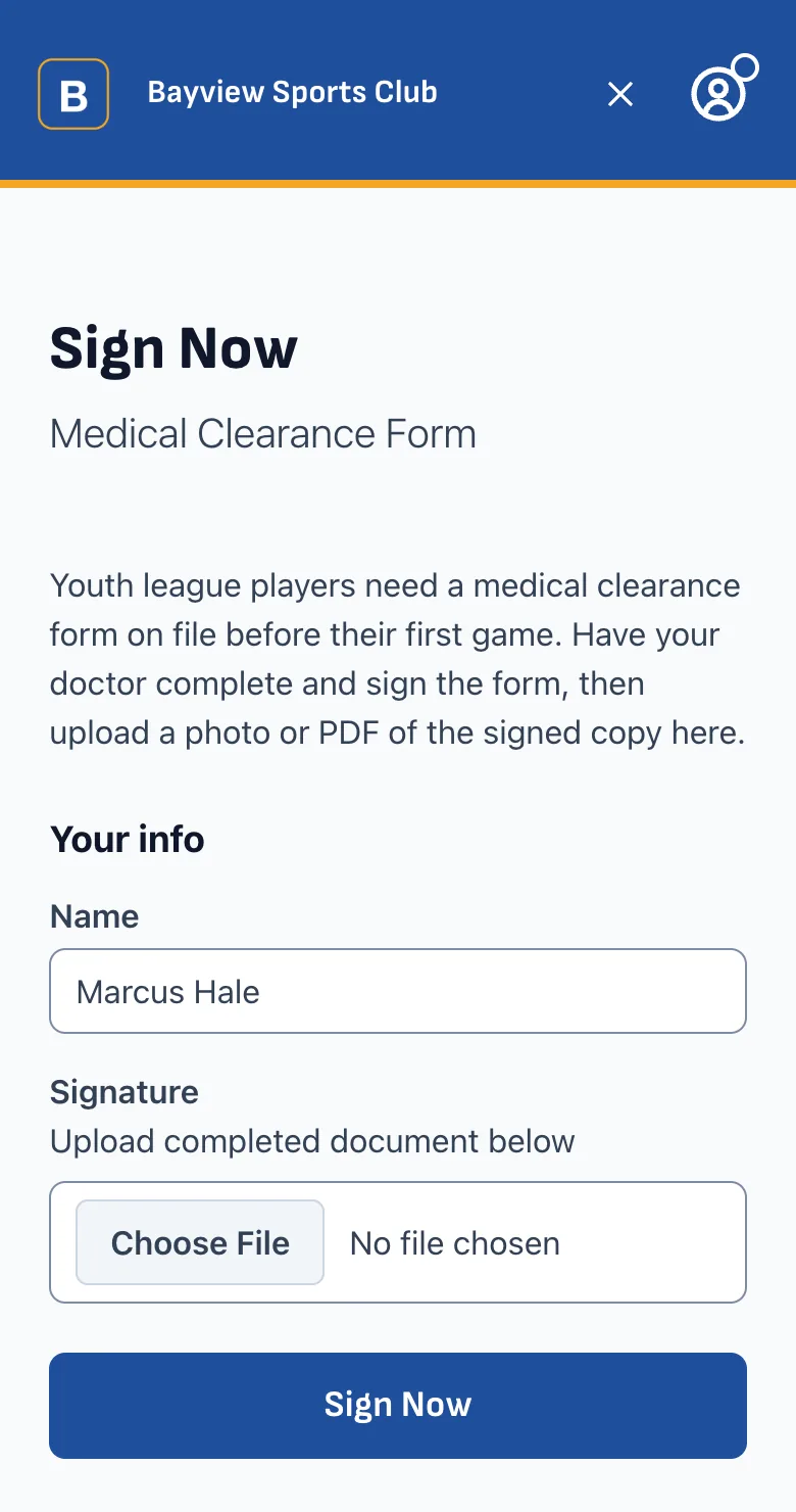 Signing a waiver by uploading the completed document, with the waiver's instructions and a file upload field