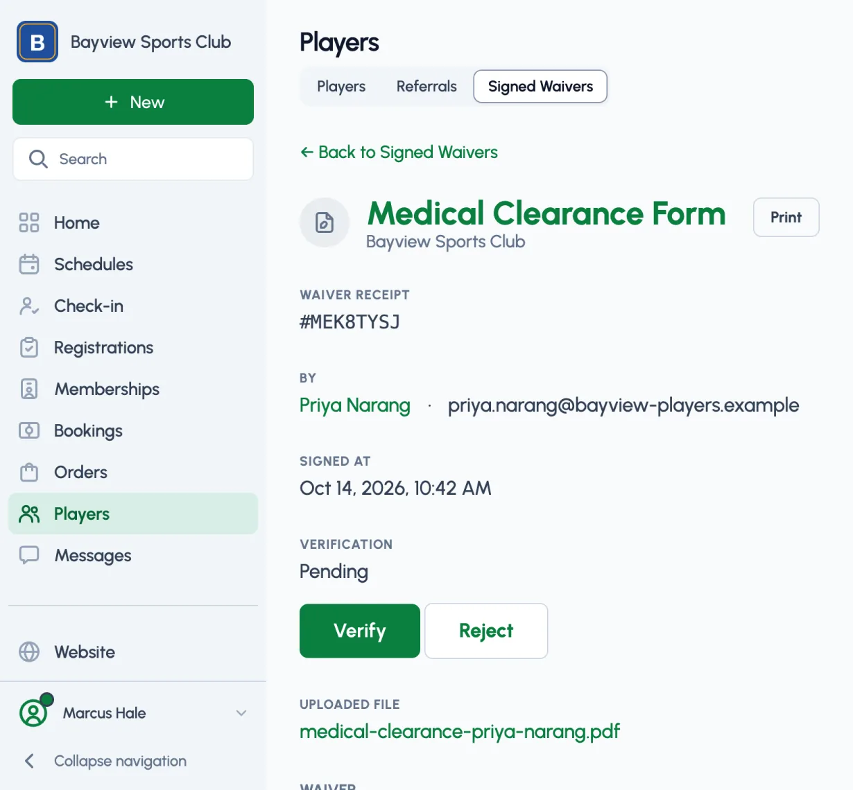 A signed waiver waiting for verification in the dashboard, with the player, when it was signed, the Verify and Reject buttons, and the uploaded file