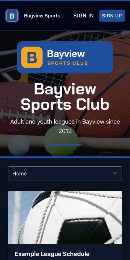 The same club's website in the Arena style on a phone