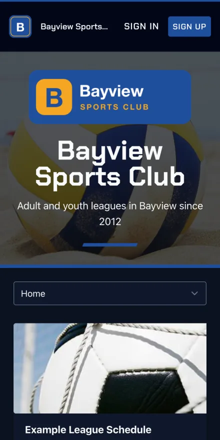 The same club's website in the Arena style on a phone