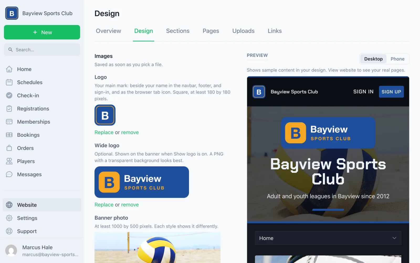 The Website Design page, with the logo and color fields on the left and a live preview of the club's homepage on the right