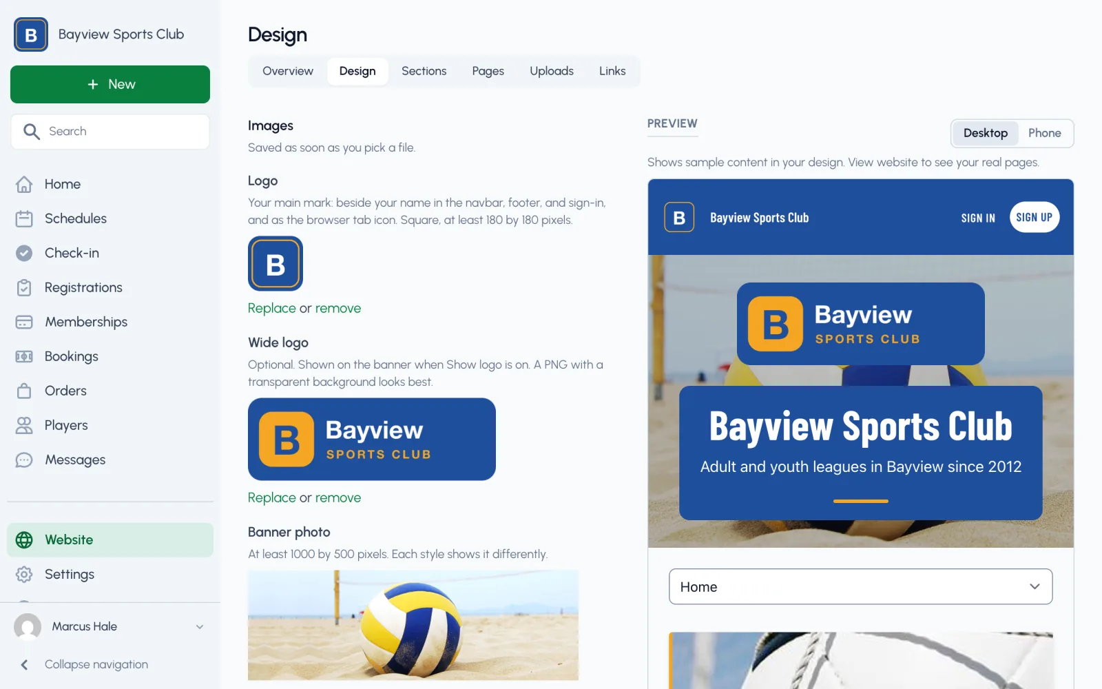 The Website Design page, with the logo and color fields on the left and a live preview of the club's homepage on the right