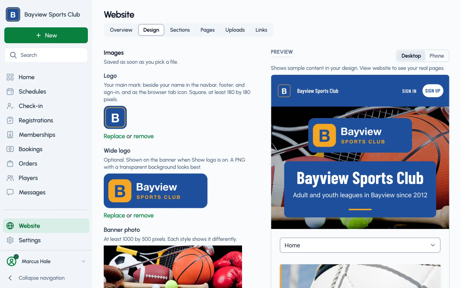 The Website Design page, with the logo and color fields on the left and a live preview of the club's homepage on the right
