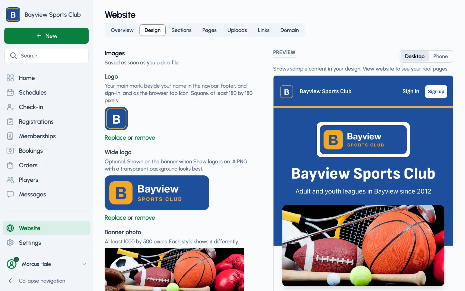 The Website Design page, with the logo and color fields on the left and a live preview of the club's homepage on the right