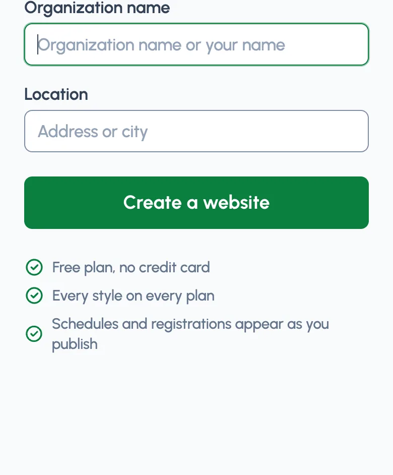 The website form: organization name and location