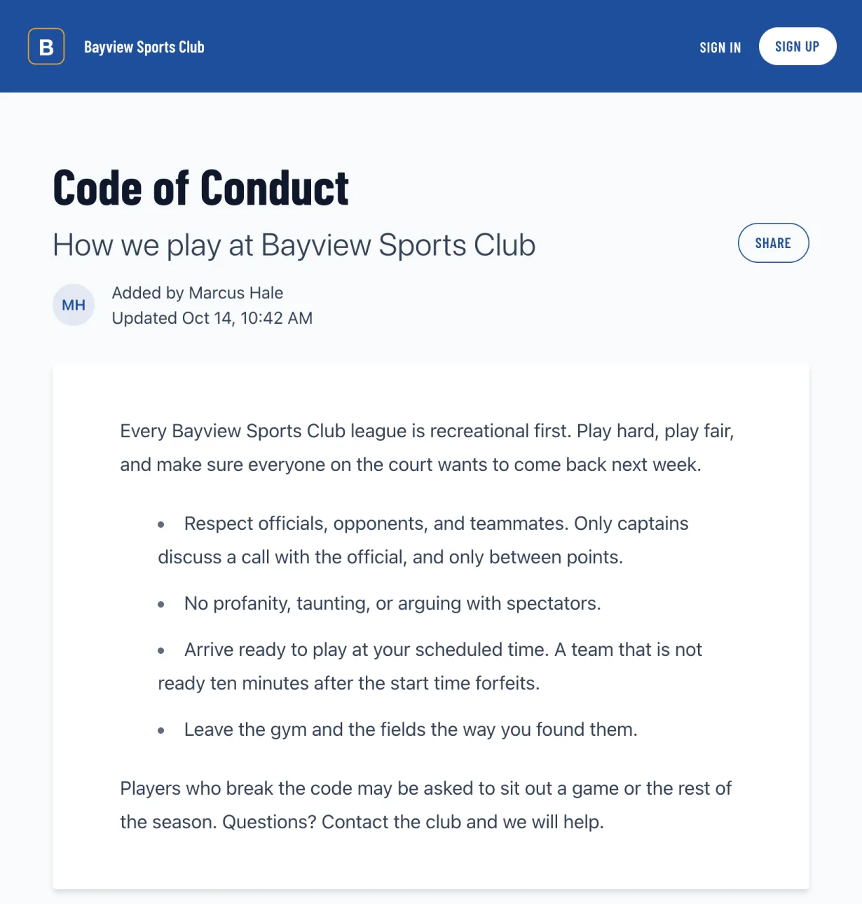 A Code of Conduct page on a club's website, under the club's logo and name