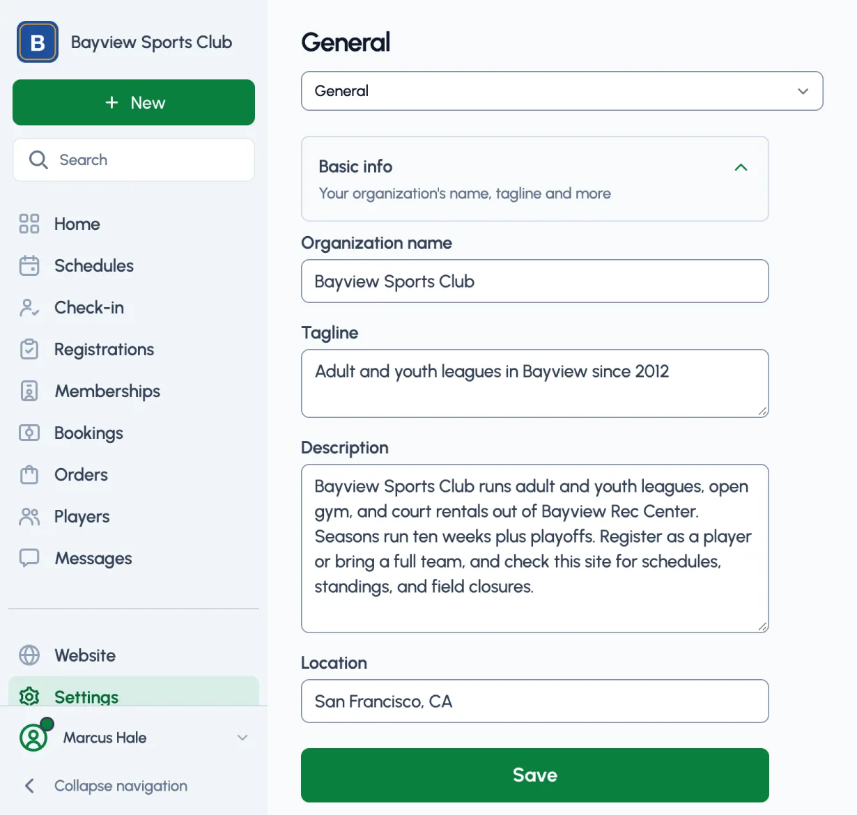 Basic info in Dashboard > Settings: organization name, tagline, description, and location