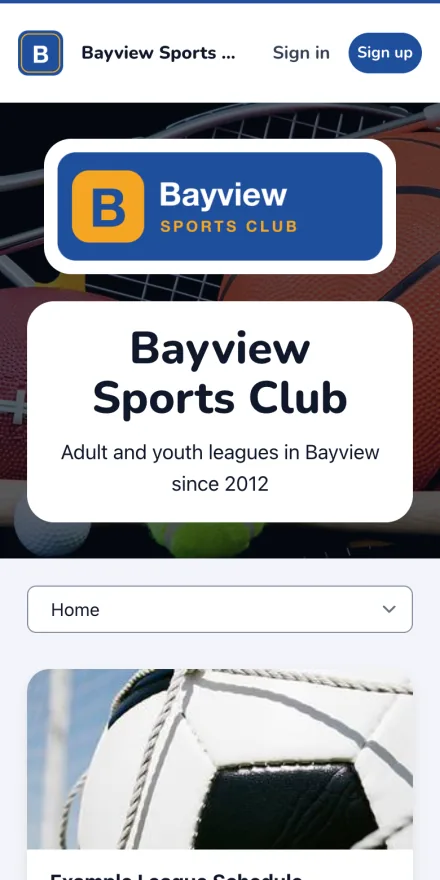 The same club's website in the Rec style on a phone