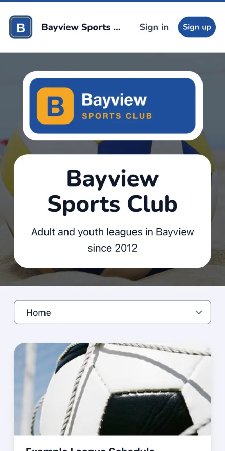 The same club's website in the Rec style on a phone