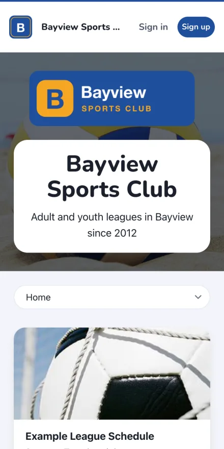 The same club's website in the Rec style on a phone